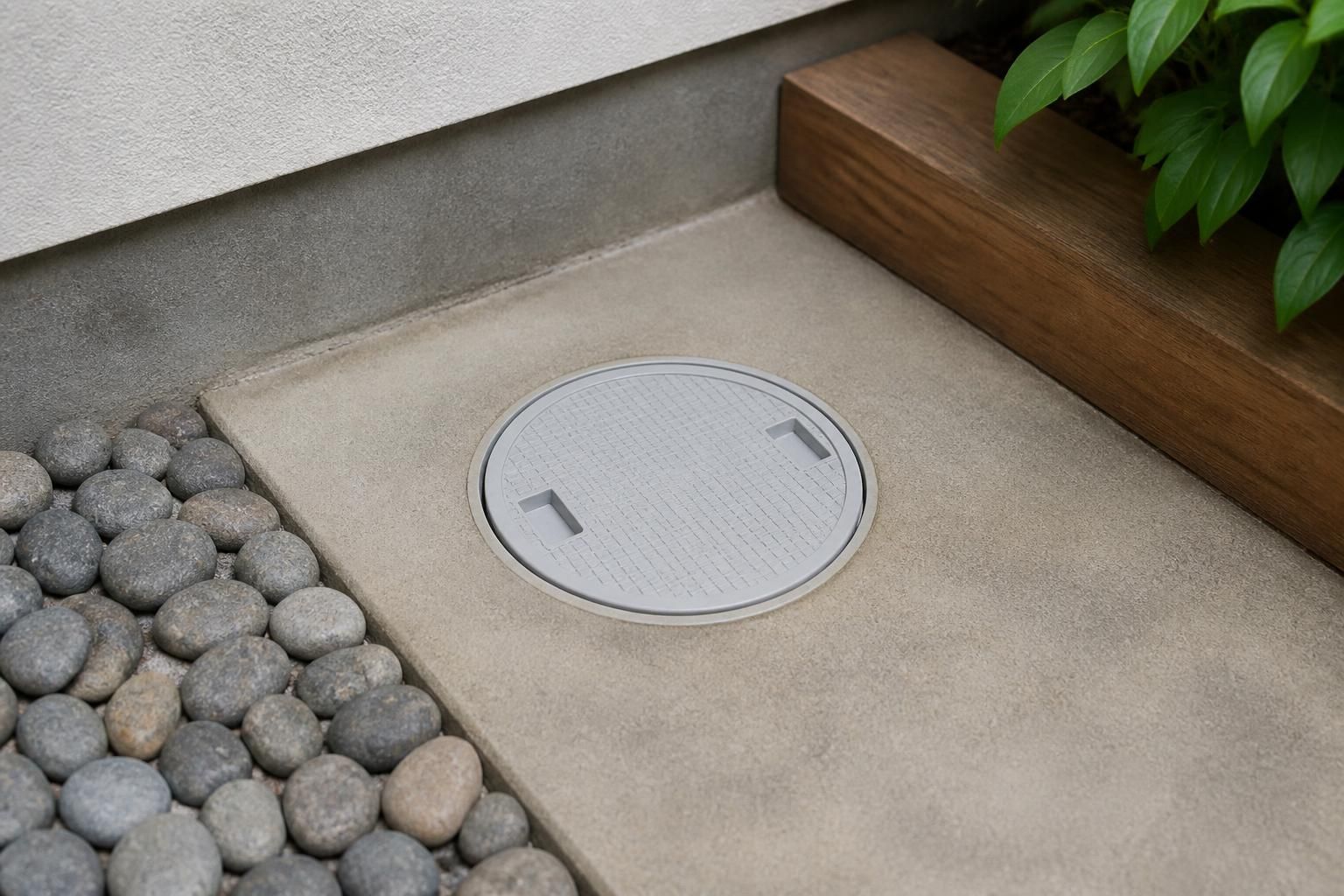 Drain access point prepared for inspection in a clean service area.