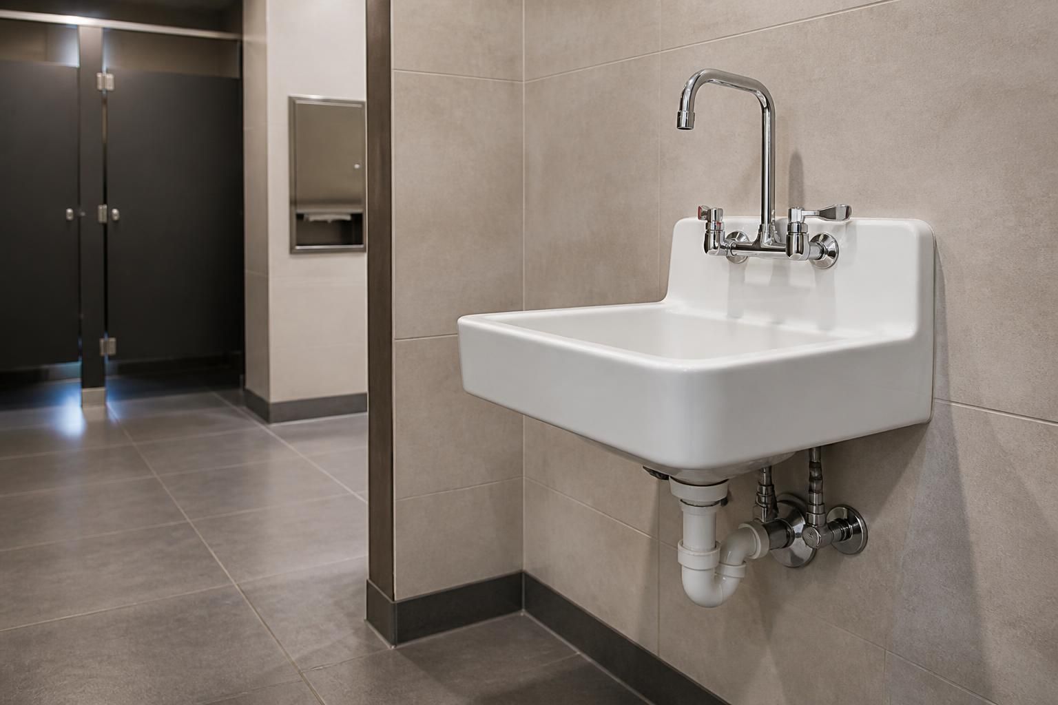 Clean commercial restroom with finished plumbing fixtures.