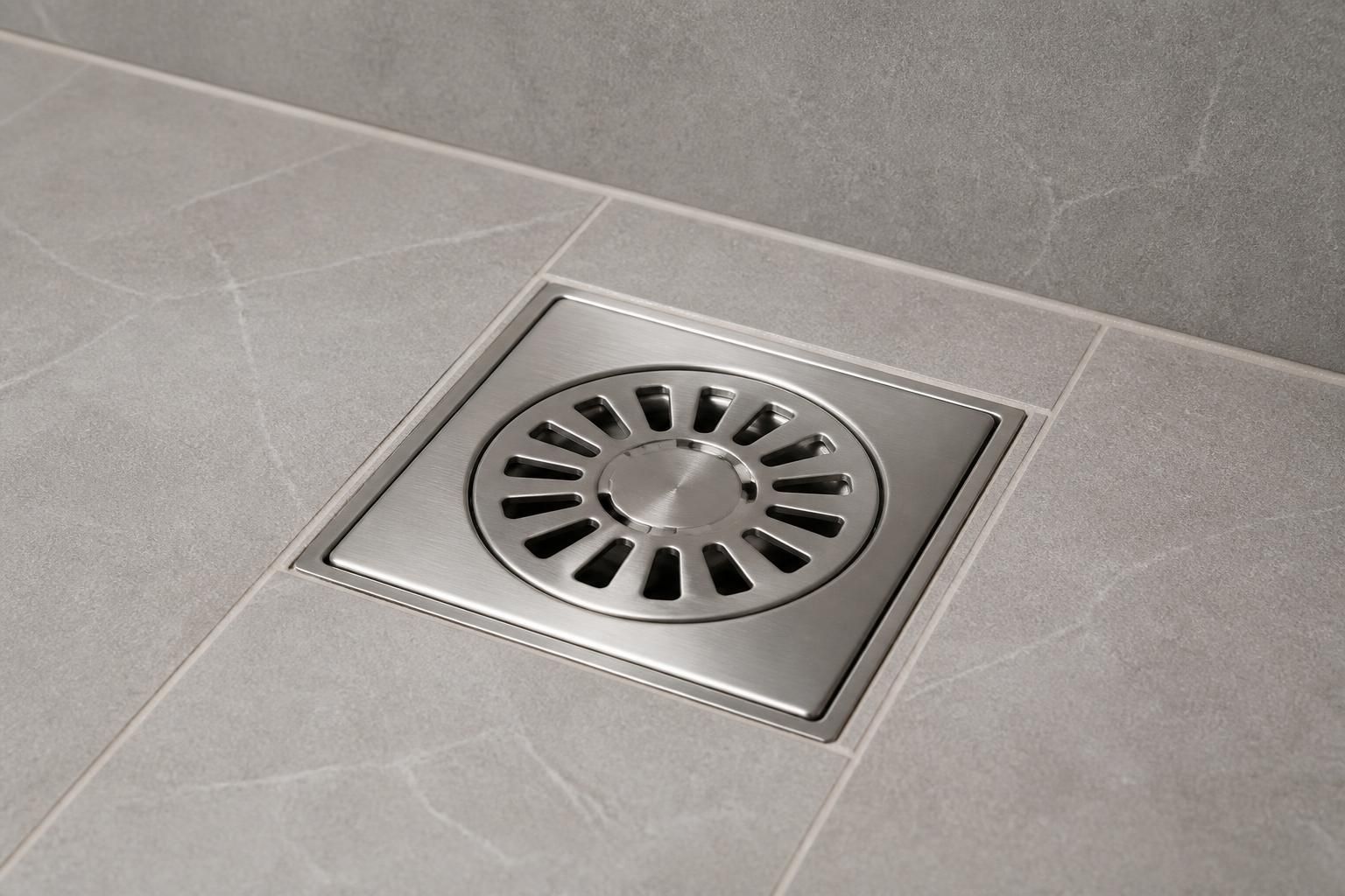 Freshly cleaned drain fitting in a finished bathroom.