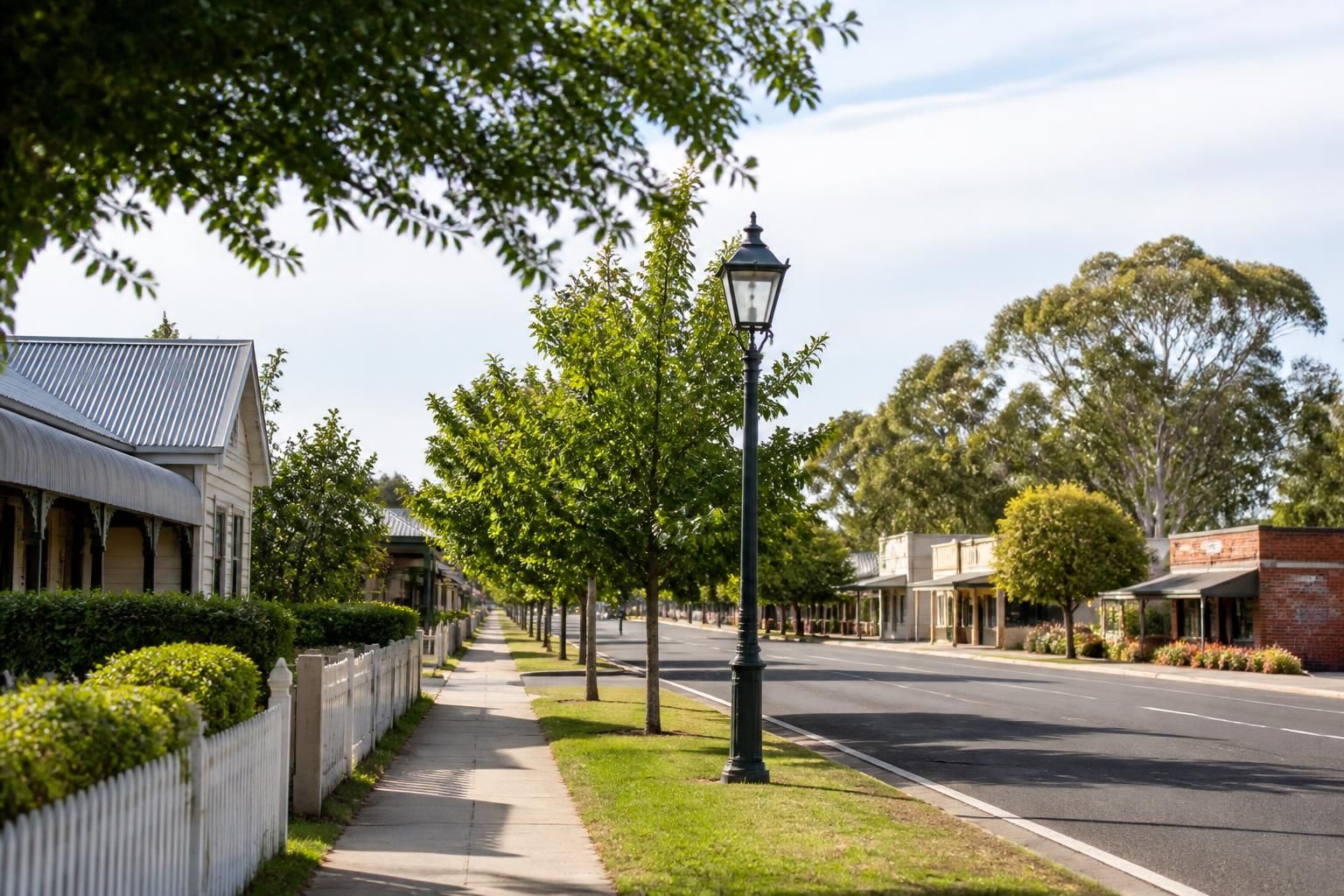 Small-town street with neat homes and trees in Longwarry.