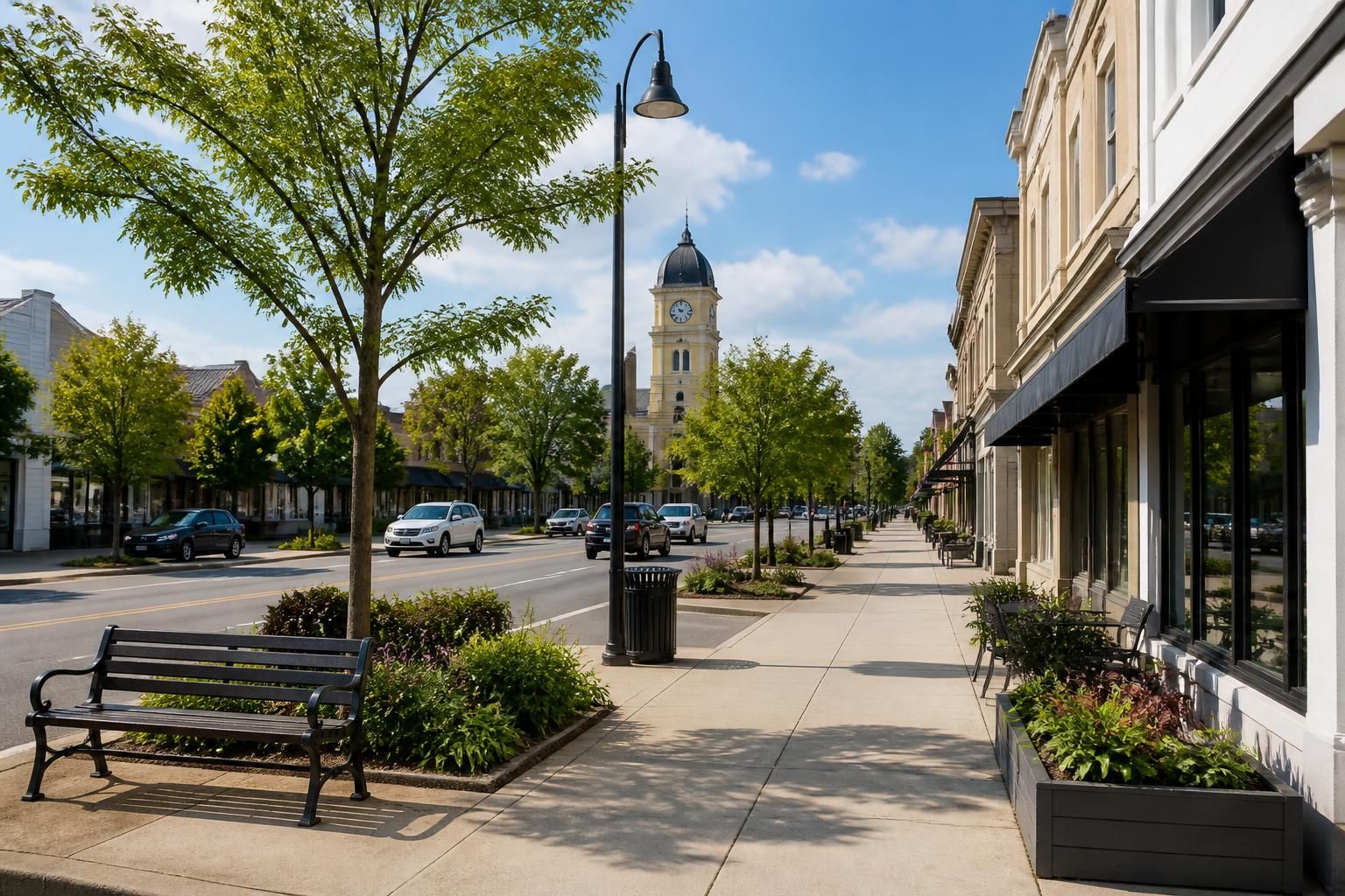 Town-center street with neat buildings and sidewalks in Moe.