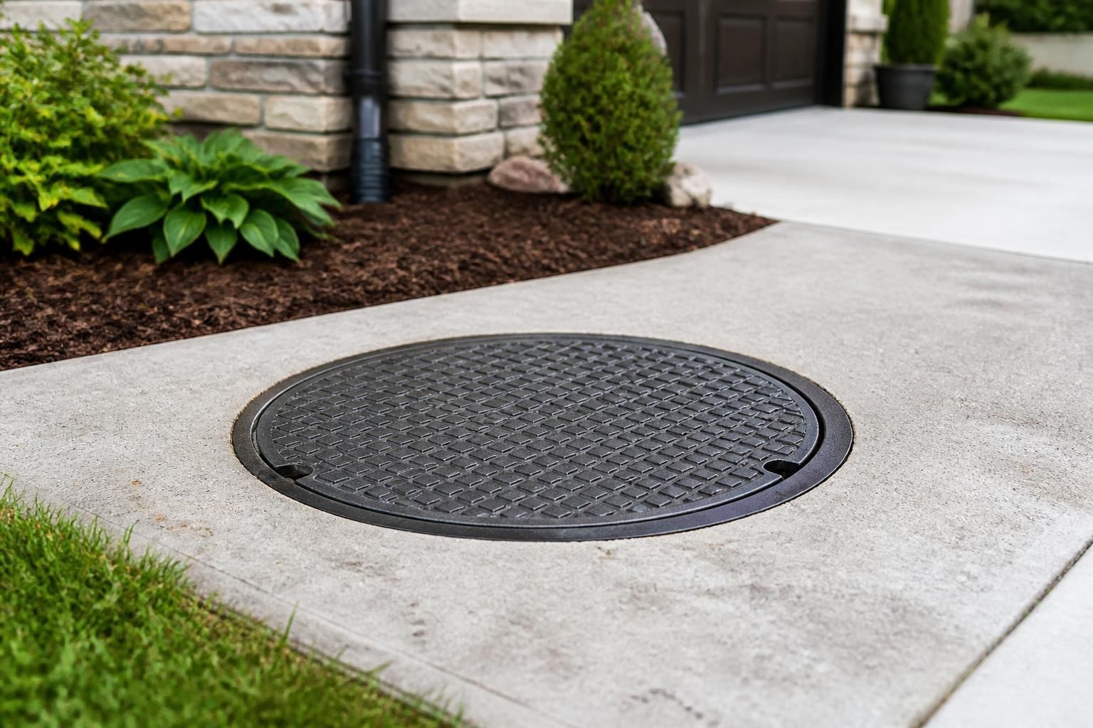 Clean outdoor sewer access point in a tidy residential setting.