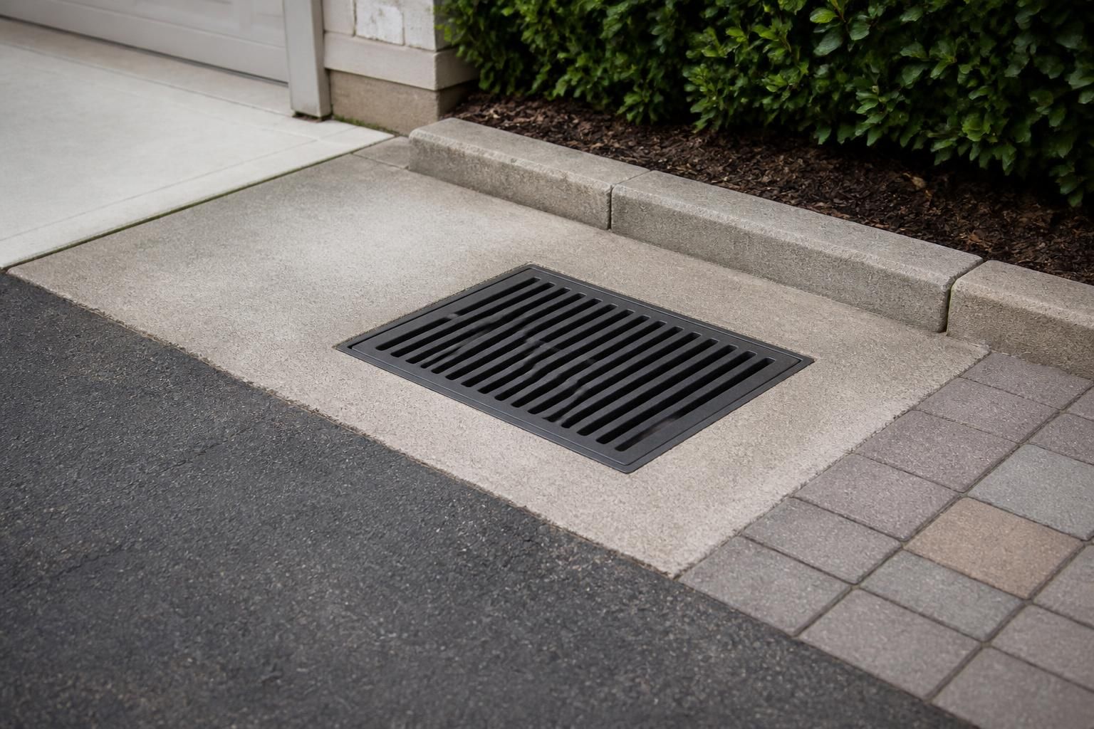 Repaired stormwater drain grate beside tidy exterior paving.