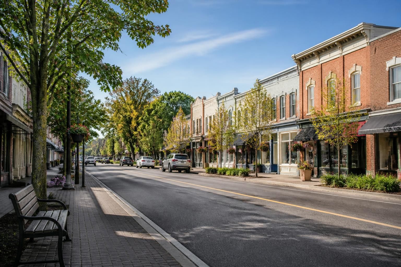 Tidy main street with trees and storefronts in Trafalgar.